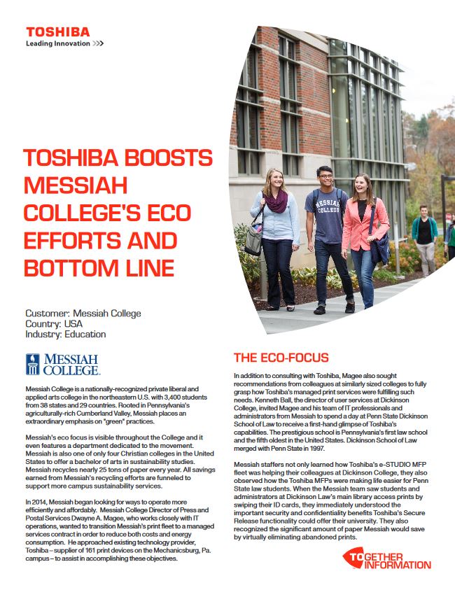 Messiah College, Eco Efforts, Industry Solutions, Vertical Markets, Toshiba, Johnnie's Office Systems