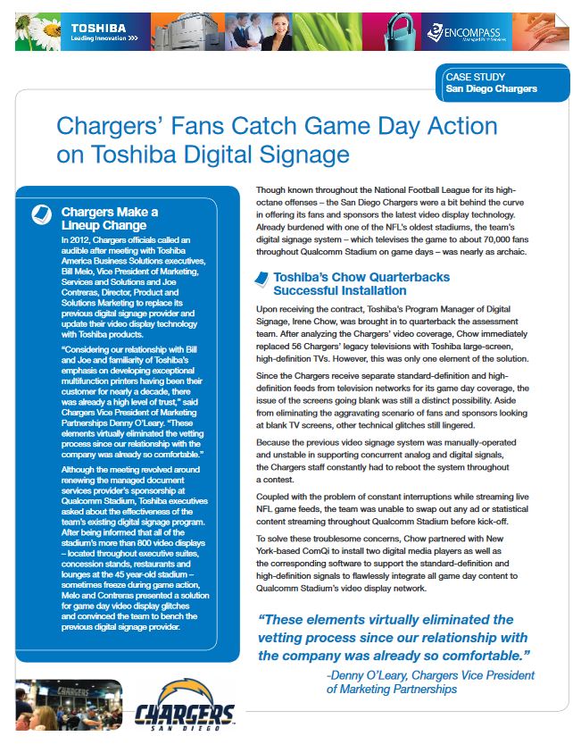 San Diego Chargers, Digital Signage, Toshiba, Johnnie's Office Systems